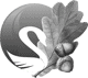 A stylised white swan in profile, partially encircled by a dark background, with an oak leaf and three acorns overlaying the right side of the image.