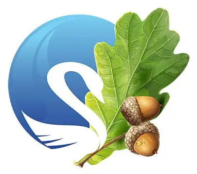 A white swan logo on a blue circle is partially covered by two green oak leaves and two brown acorns.