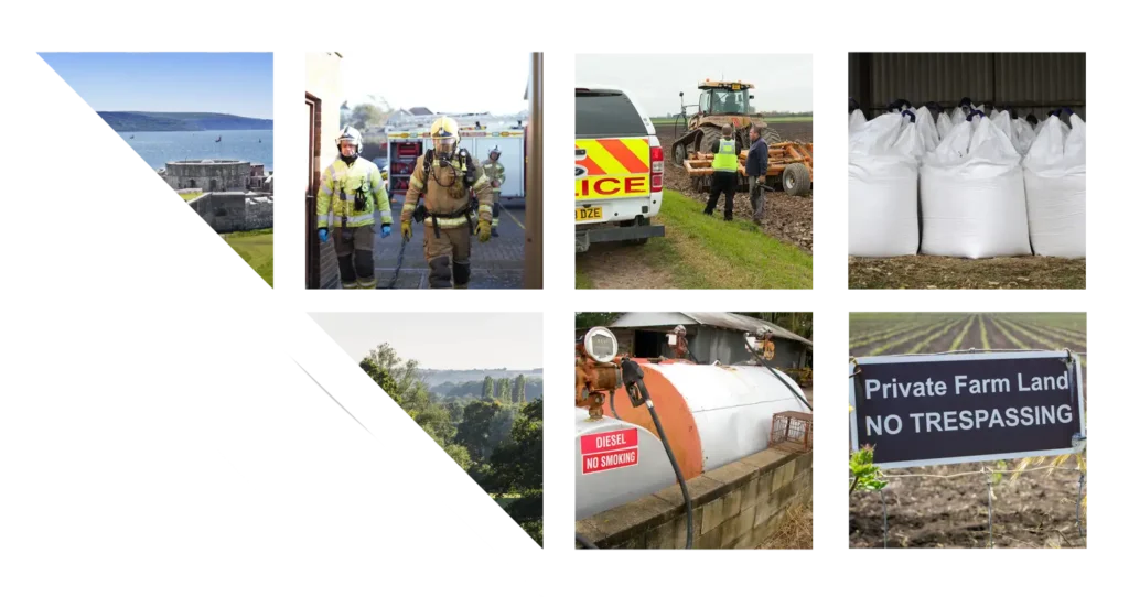 A collage of rural scenes: a coastal town, firefighters walking, a tractor in a field, large white storage bags, a police vehicle, a fuel tank with a no smoking sign, farmland, and a No Trespassing sign.