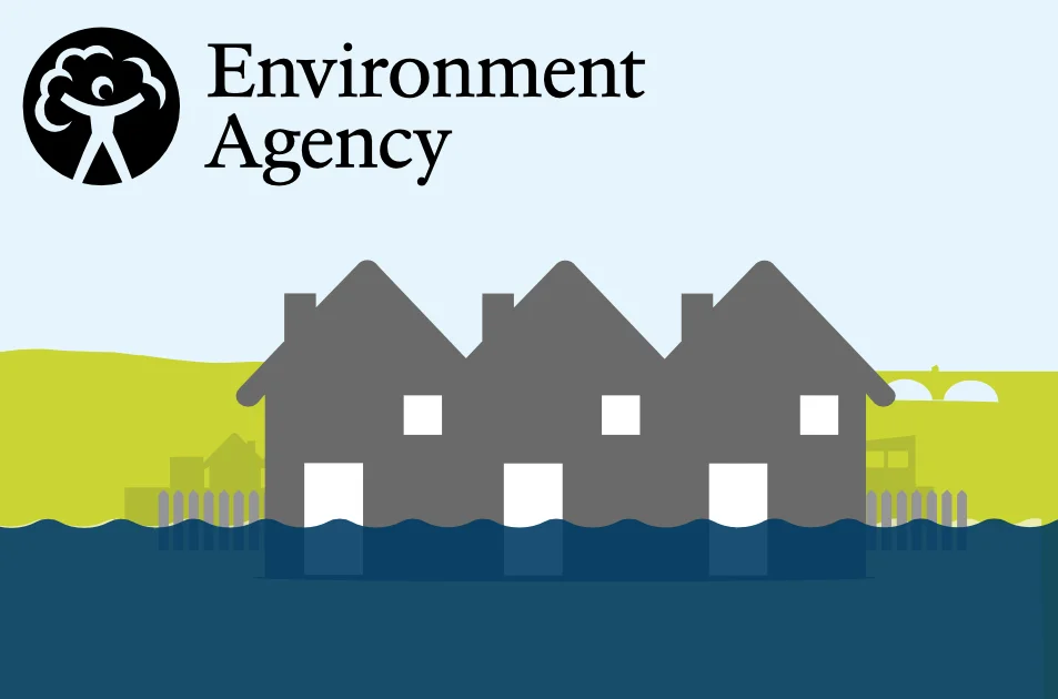 Illustration of flooded houses with water rising to their doors. The Environment Agency logo and name appear at the top left, with a stylised landscape in the background.