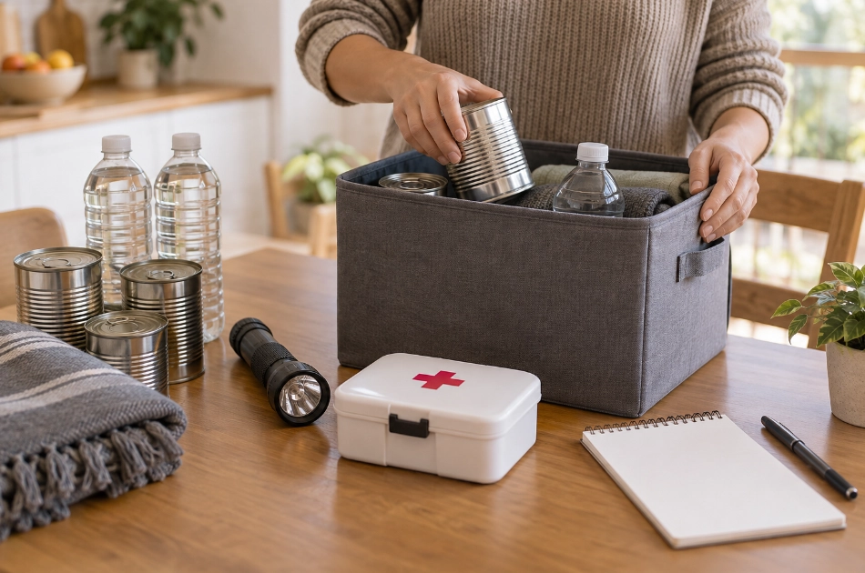 A person packs a grey storage bin with tinned goods and water bottles, sitting on a table next to a first aid kit, torch, and notebook.
